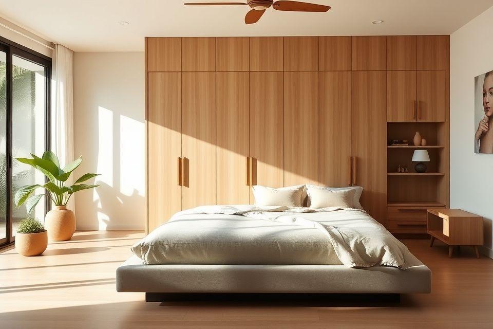 Custom platform bed with built-in headboard and ash wardrobe