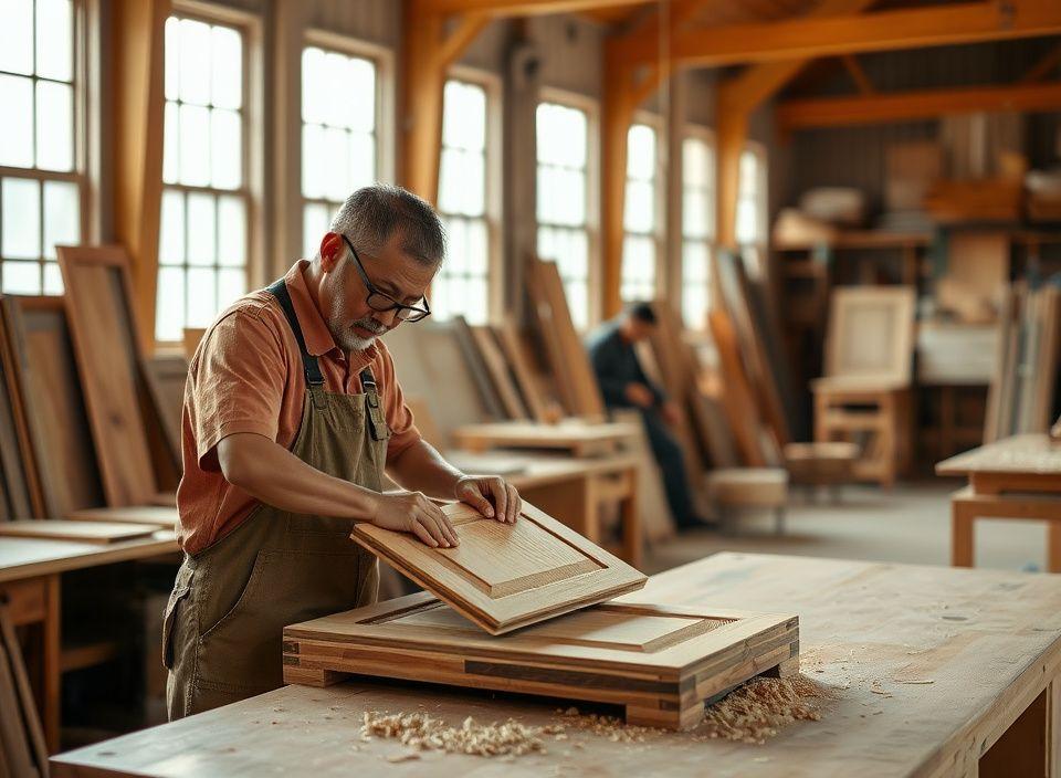 Teakline carpenters sanding a teak cabinet door at the workbench