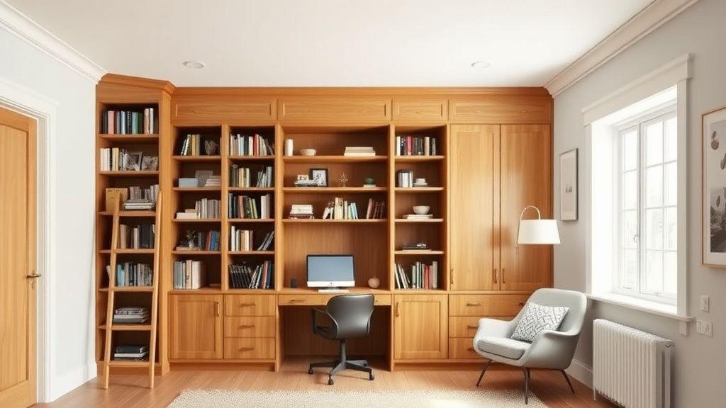 Built-in oak bookshelf and desk filling a study alcove