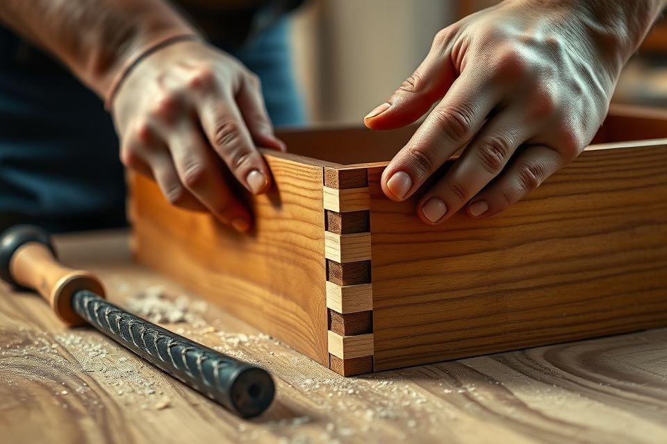 Carpenter assembling a dovetail joint on a drawer box