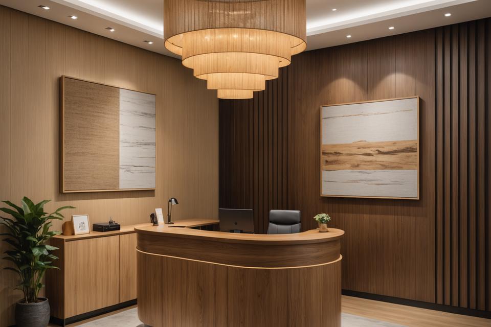 Teakline showroom entrance with wooden reception desk and sample boards