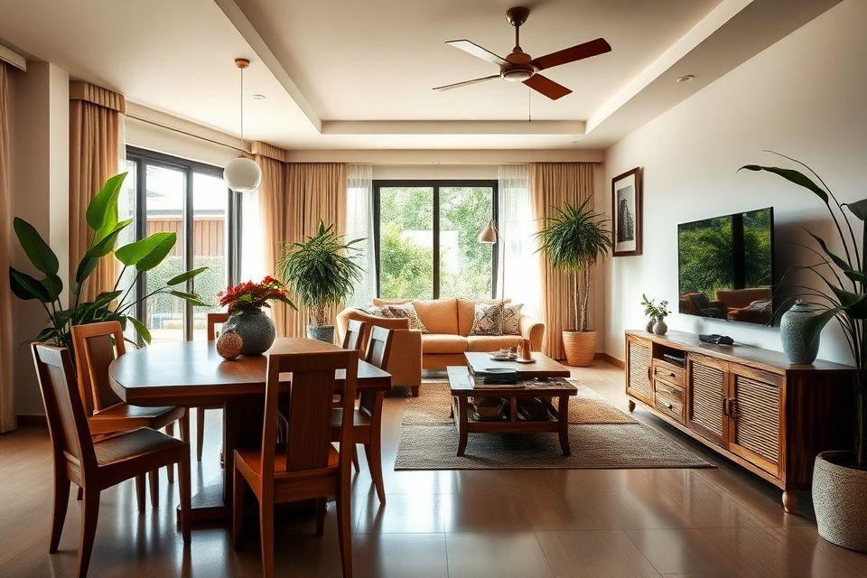 Teak dining set and custom TV console in an open-plan living area