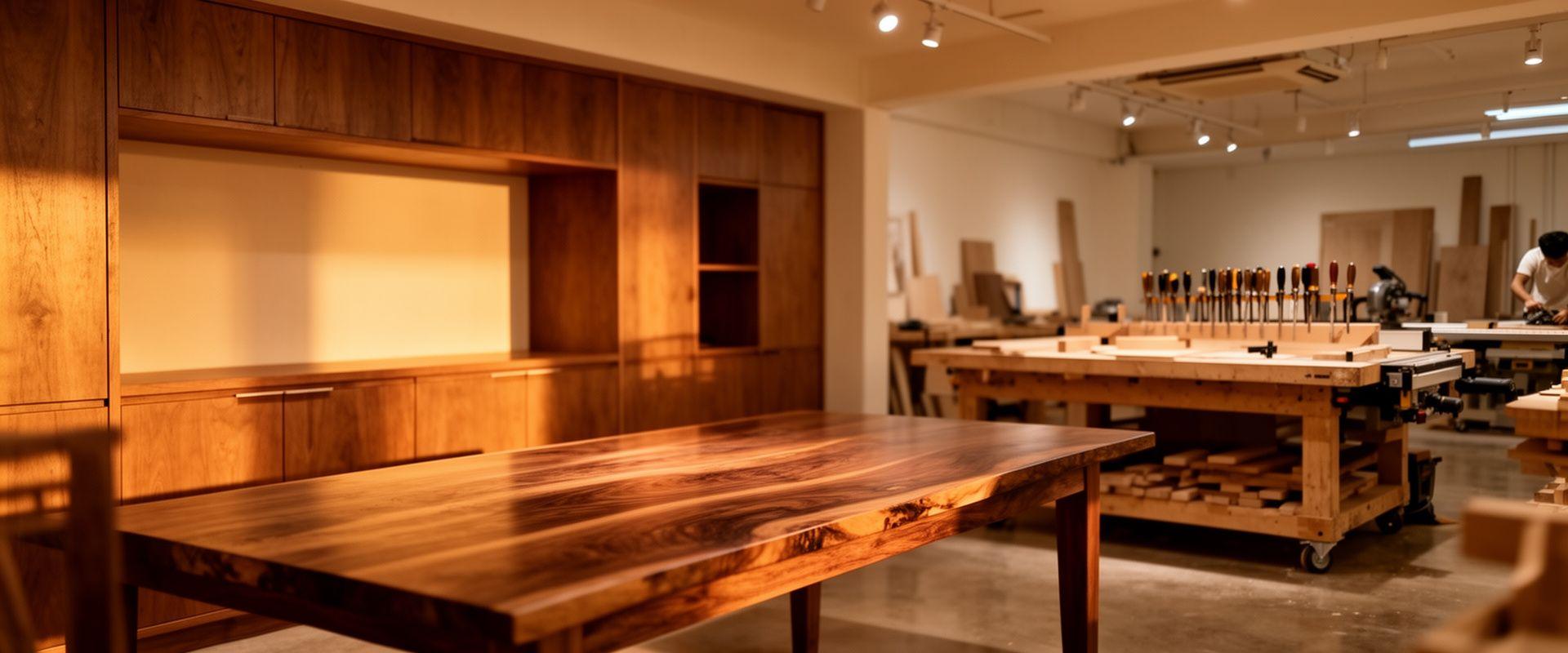 Teakline workshop showroom with a handcrafted walnut dining table