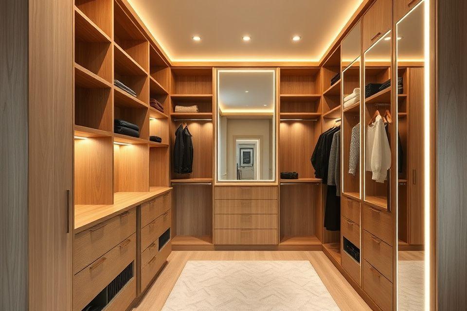 Walk-in wardrobe with floor-to-ceiling oak built-ins