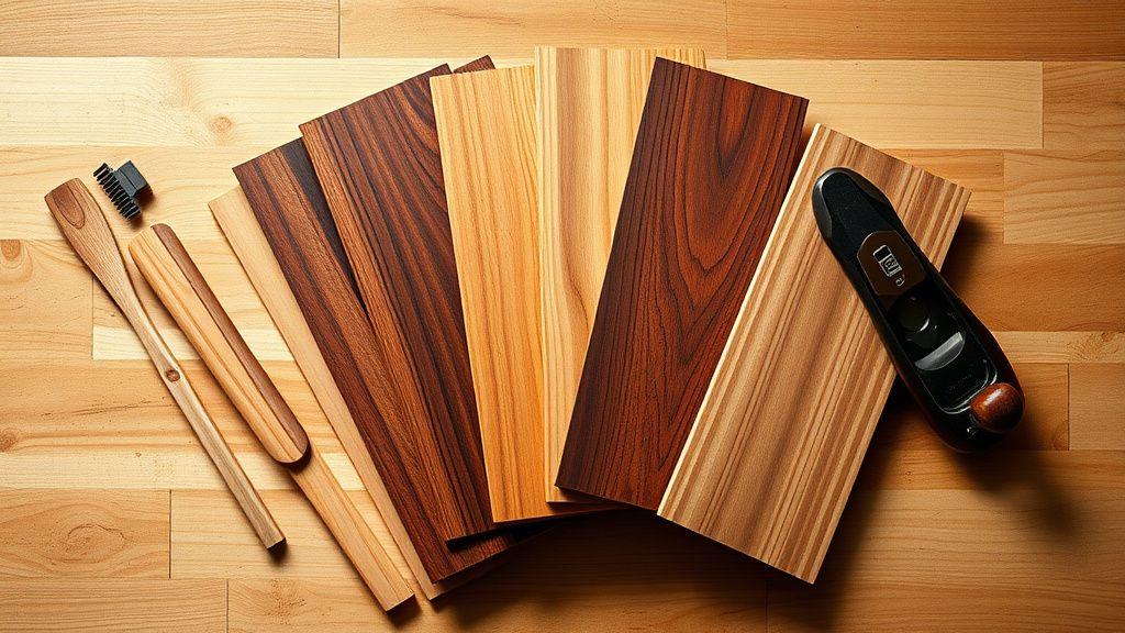 Tropical hardwood samples fanned out on a workshop table